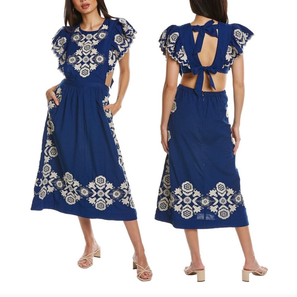 NWT SEA New York Manuela Embroidered Apron Midi Dress - Picture 1 of 10
